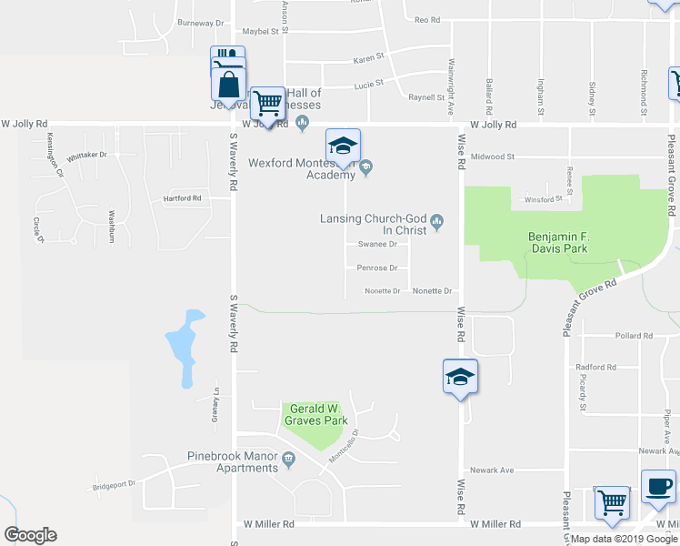 map of restaurants, bars, coffee shops, grocery stores, and more near 5426 Wexford Rd in Lansing Charter Township