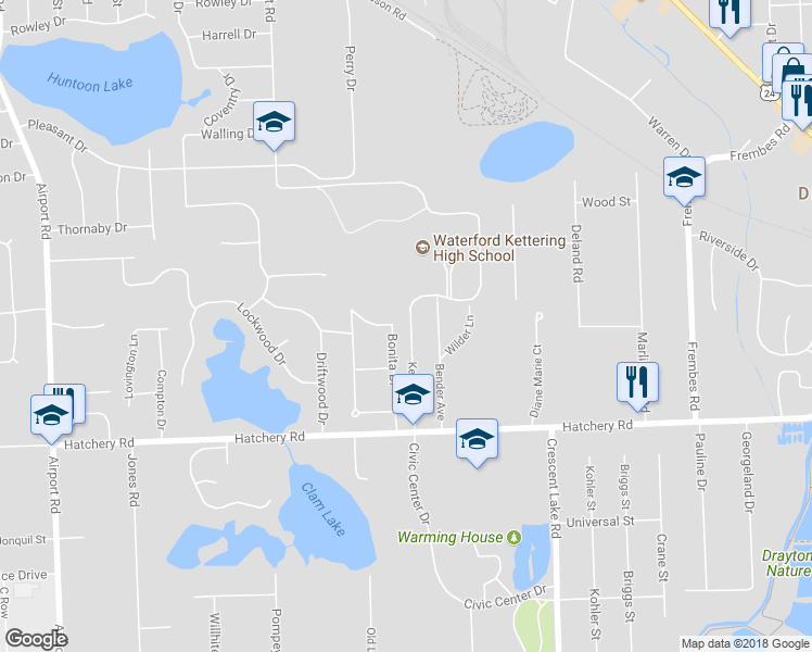 map of restaurants, bars, coffee shops, grocery stores, and more near 2560 Bonita Drive in Waterford Township