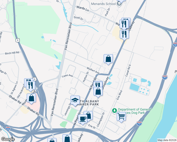 map of restaurants, bars, coffee shops, grocery stores, and more near 2 Hutton Street in Menands