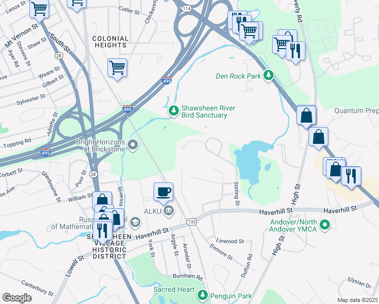 map of restaurants, bars, coffee shops, grocery stores, and more near 8 Whittemore Terrace in Andover