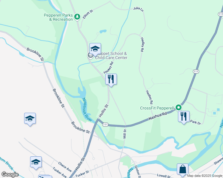 map of restaurants, bars, coffee shops, grocery stores, and more near 67 Hollis Street in Pepperell