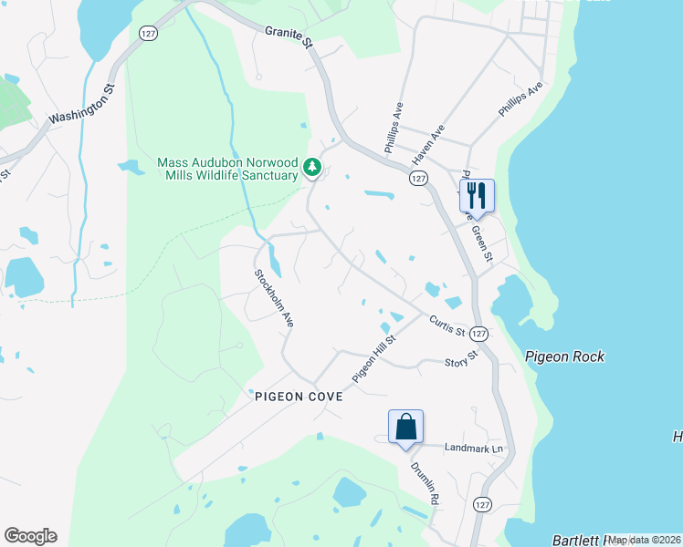 map of restaurants, bars, coffee shops, grocery stores, and more near 2 Munroe Drive in Rockport