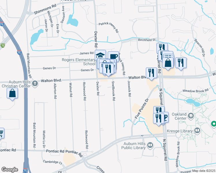 map of restaurants, bars, coffee shops, grocery stores, and more near 2455 Snellbrook Road in Auburn Hills