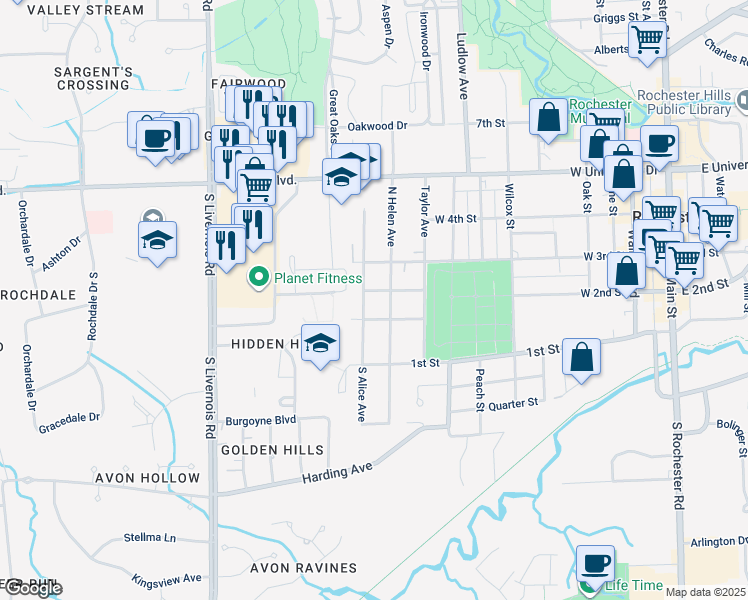 map of restaurants, bars, coffee shops, grocery stores, and more near 210 North Alice Avenue in Rochester