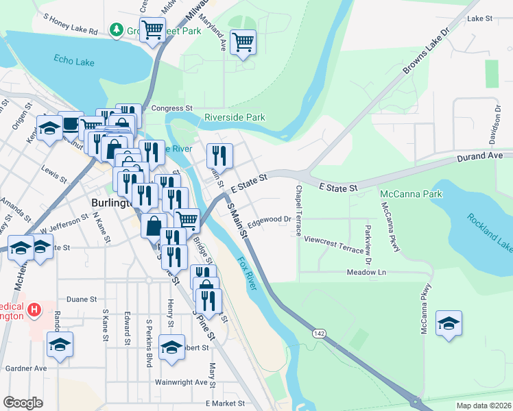 map of restaurants, bars, coffee shops, grocery stores, and more near 535 Adams Street in Burlington