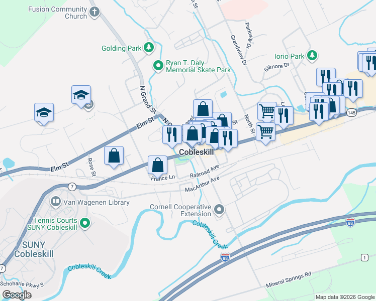 map of restaurants, bars, coffee shops, grocery stores, and more near 529 West Main Street in Cobleskill