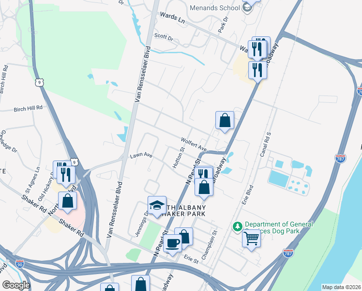 map of restaurants, bars, coffee shops, grocery stores, and more near 2 Hutton Street in Albany