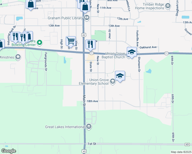 map of restaurants, bars, coffee shops, grocery stores, and more near 1712 New Street in Union Grove