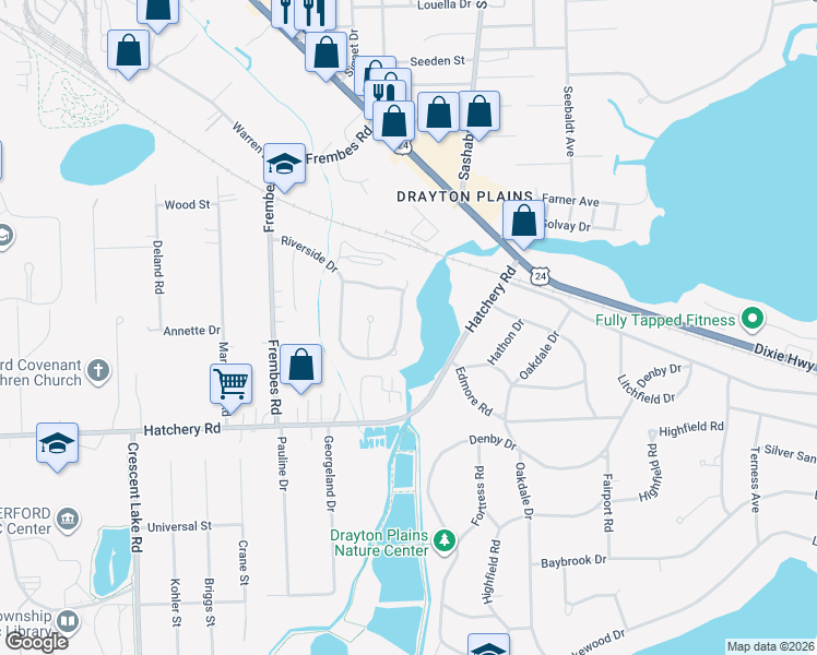 map of restaurants, bars, coffee shops, grocery stores, and more near 2757 Riverside Drive in Oakland County