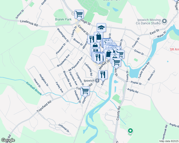 map of restaurants, bars, coffee shops, grocery stores, and more near 10 Lafayette Road in Ipswich