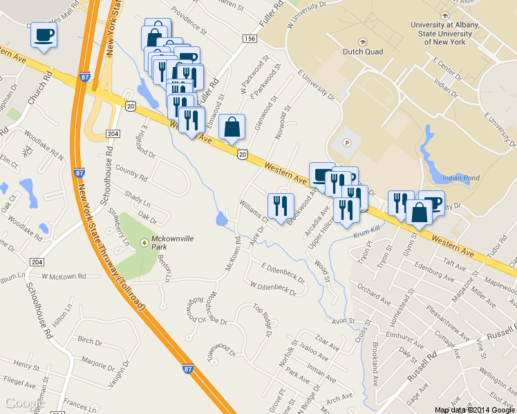 map of restaurants, bars, coffee shops, grocery stores, and more near 3 Williams Ct in Albany