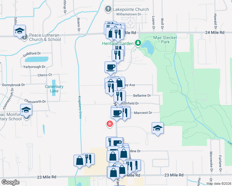 map of restaurants, bars, coffee shops, grocery stores, and more near 52132 Van Dyke Avenue in Shelby Township