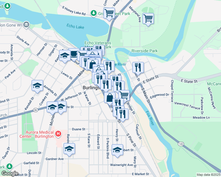 map of restaurants, bars, coffee shops, grocery stores, and more near 232 Madison Street in Burlington