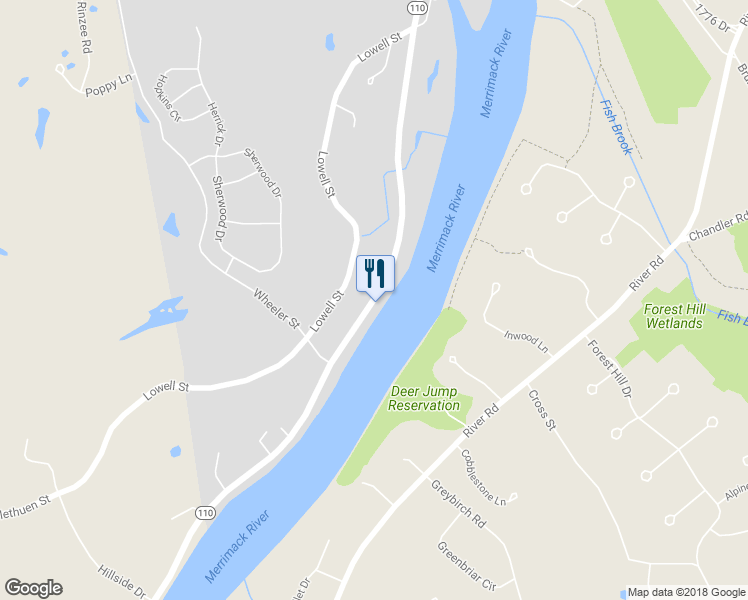 map of restaurants, bars, coffee shops, grocery stores, and more near 122 Highway 110 in Methuen