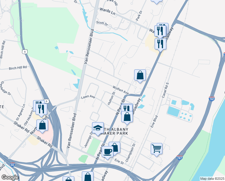 map of restaurants, bars, coffee shops, grocery stores, and more near 8 Hutton Street in Menands
