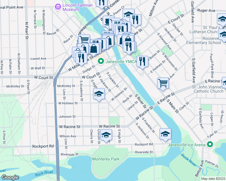 map of restaurants, bars, coffee shops, grocery stores, and more near 203 South Jackson Street in Janesville