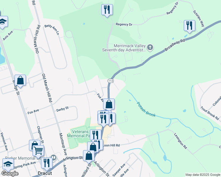 map of restaurants, bars, coffee shops, grocery stores, and more near 231 Broadway Road in Dracut