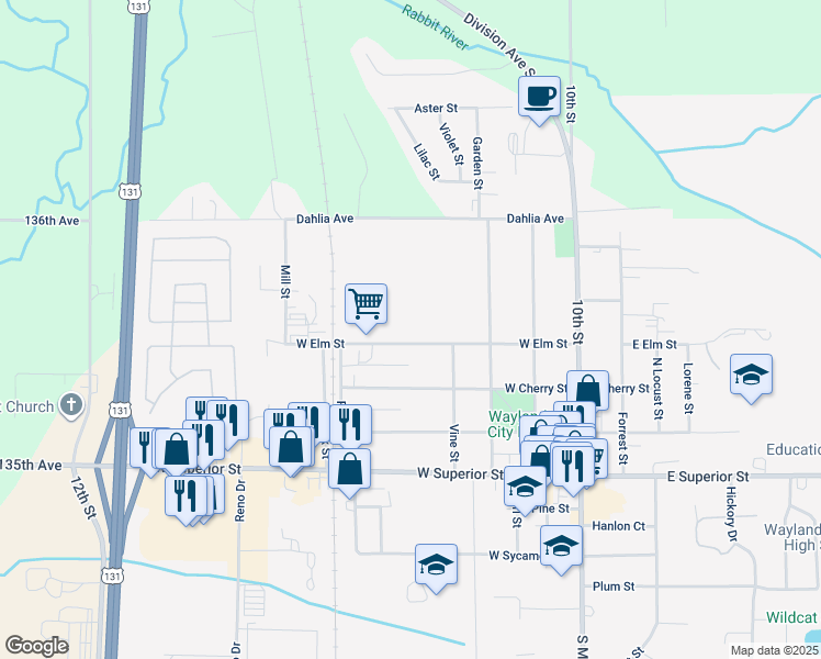 map of restaurants, bars, coffee shops, grocery stores, and more near 548 West Elm Street in Wayland