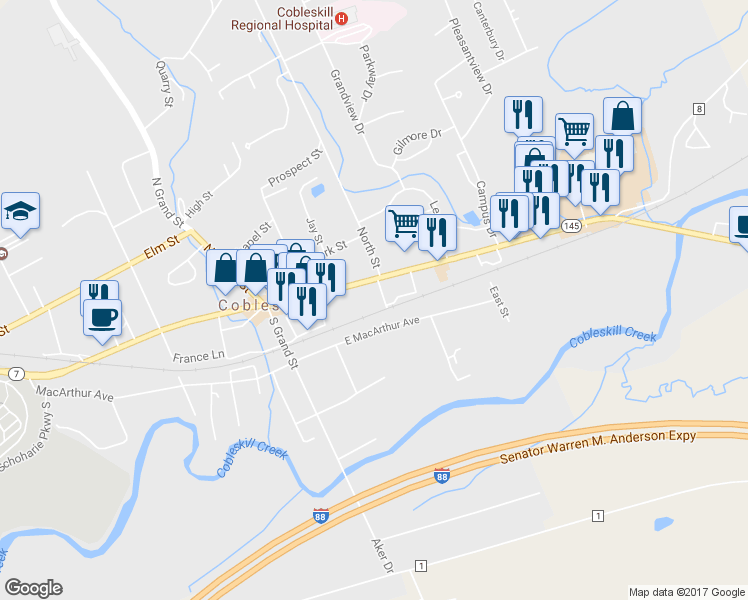 map of restaurants, bars, coffee shops, grocery stores, and more near 105 Spring Street in Cobleskill