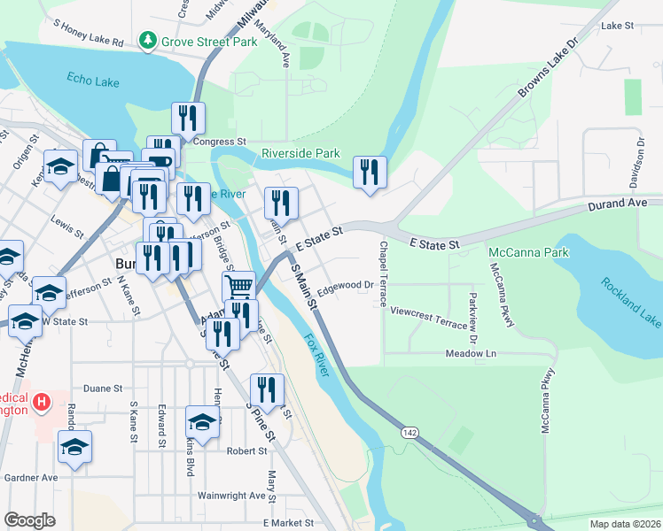 map of restaurants, bars, coffee shops, grocery stores, and more near 535 Adams Street in Burlington