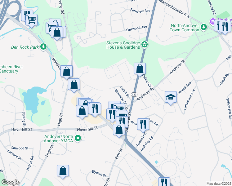 map of restaurants, bars, coffee shops, grocery stores, and more near 54 Brewster Street in North Andover