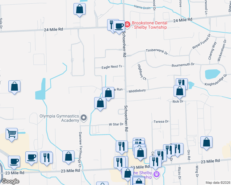 map of restaurants, bars, coffee shops, grocery stores, and more near 13436 Partridge Run in Macomb County