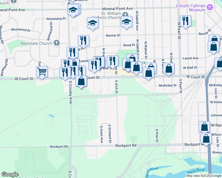 map of restaurants, bars, coffee shops, grocery stores, and more near 114 South Arch Street in Janesville