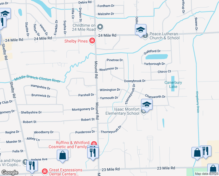 map of restaurants, bars, coffee shops, grocery stores, and more near 5975 Wilmington Drive in Macomb County