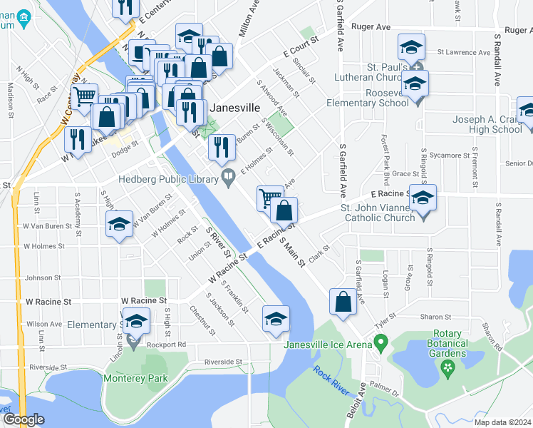 map of restaurants, bars, coffee shops, grocery stores, and more near 411A South Main Street in Janesville