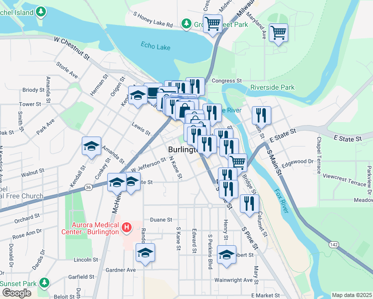 map of restaurants, bars, coffee shops, grocery stores, and more near in Burlington
