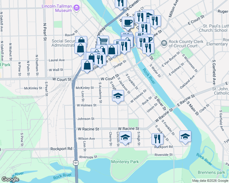 map of restaurants, bars, coffee shops, grocery stores, and more near 165 Cherry Street in Janesville