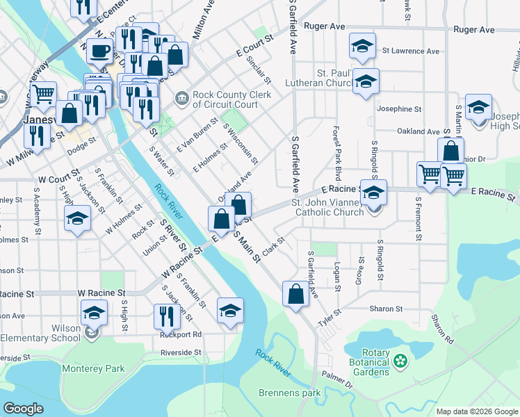 map of restaurants, bars, coffee shops, grocery stores, and more near 217 East Racine Street in Janesville