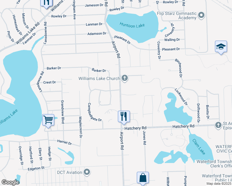 map of restaurants, bars, coffee shops, grocery stores, and more near 2774 Campbellgate in Waterford Township