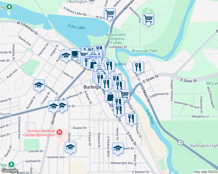 map of restaurants, bars, coffee shops, grocery stores, and more near 232 Madison Street in Burlington