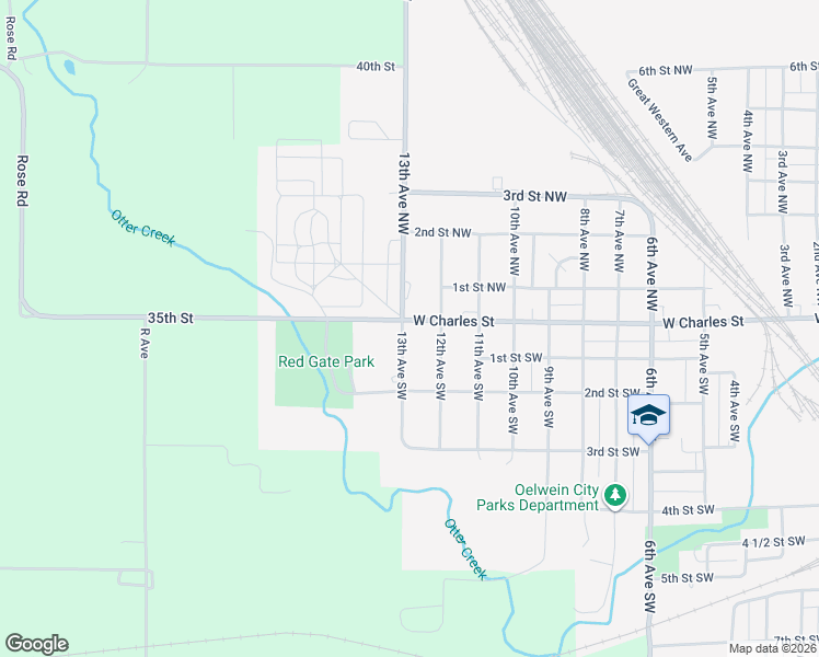 map of restaurants, bars, coffee shops, grocery stores, and more near 2-158 13th Avenue Southwest in Oelwein