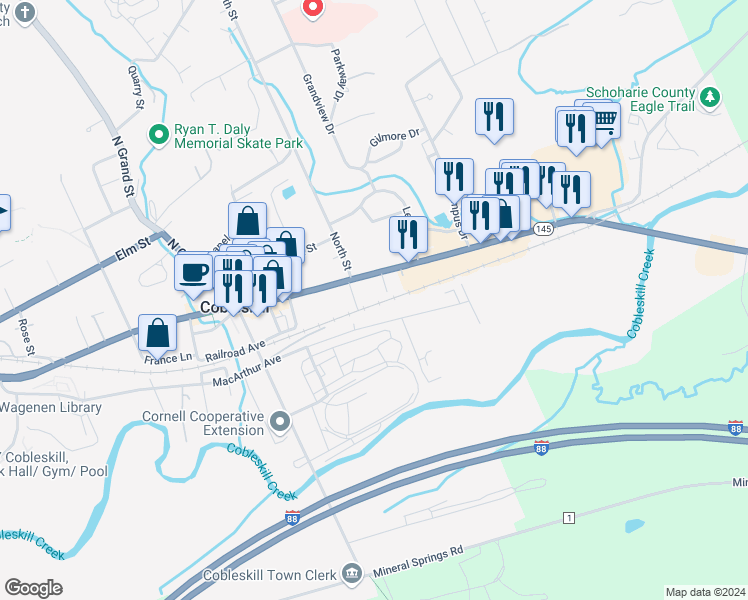 map of restaurants, bars, coffee shops, grocery stores, and more near 668 East Main Street in Cobleskill