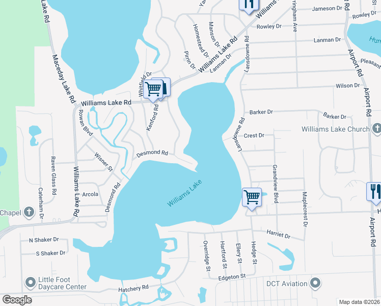 map of restaurants, bars, coffee shops, grocery stores, and more near 6810 Desmond Road in Waterford Township