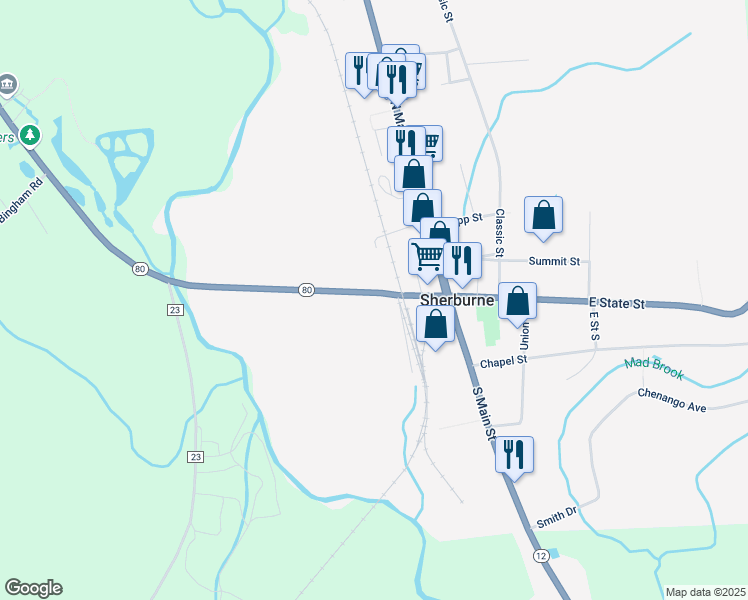 map of restaurants, bars, coffee shops, grocery stores, and more near 30 West State Street in Sherburne