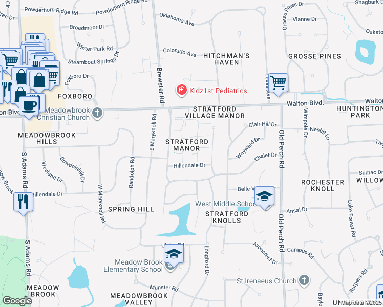 map of restaurants, bars, coffee shops, grocery stores, and more near 143 Stratford Lane in Rochester Hills