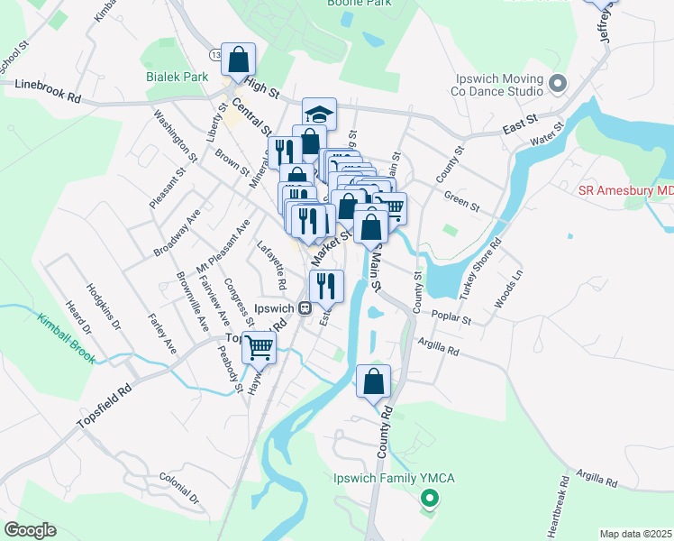 map of restaurants, bars, coffee shops, grocery stores, and more near 2 Saltonstall Street in Ipswich