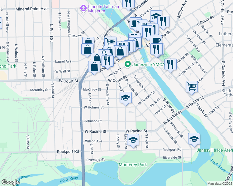 map of restaurants, bars, coffee shops, grocery stores, and more near 165 Cherry Street in Janesville