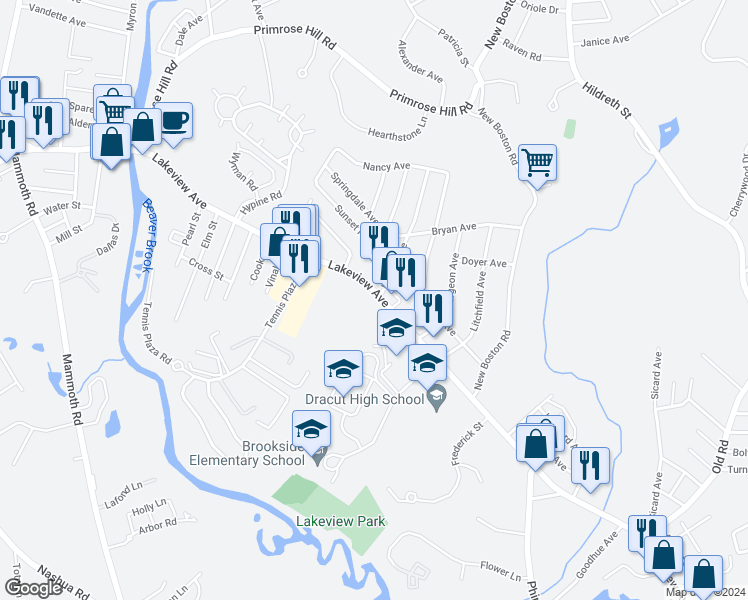 map of restaurants, bars, coffee shops, grocery stores, and more near 74 Tennis Plaza Road in Dracut