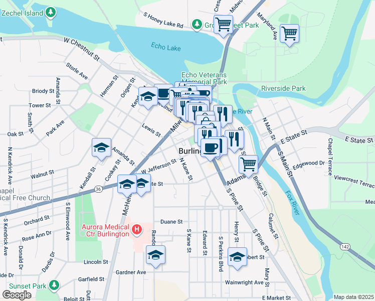 map of restaurants, bars, coffee shops, grocery stores, and more near 118 East Jefferson Street in Burlington