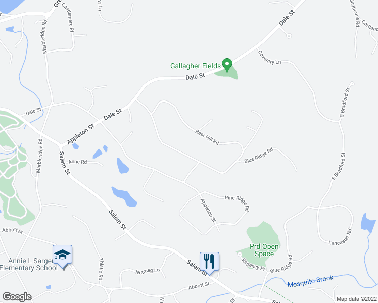 map of restaurants, bars, coffee shops, grocery stores, and more near 144 Bear Hill Road in North Andover