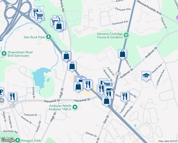 map of restaurants, bars, coffee shops, grocery stores, and more near 122 Cotuit Street in North Andover
