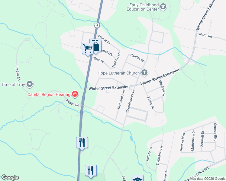 map of restaurants, bars, coffee shops, grocery stores, and more near 512 74 in Troy