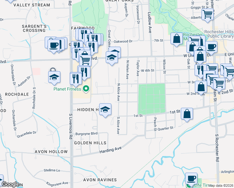map of restaurants, bars, coffee shops, grocery stores, and more near 210 North Alice Avenue in Rochester