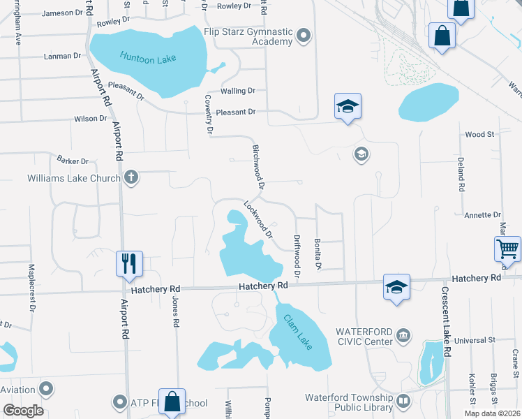 map of restaurants, bars, coffee shops, grocery stores, and more near 5514 Lockwood Drive in Waterford Township