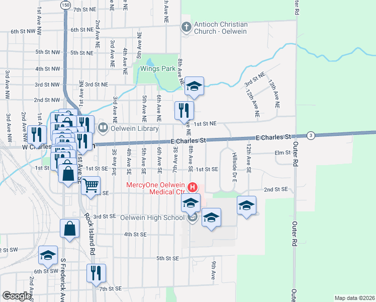 map of restaurants, bars, coffee shops, grocery stores, and more near 1-99 7th Ave SE in Oelwein