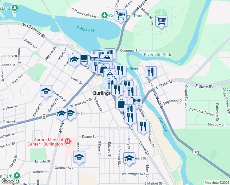 map of restaurants, bars, coffee shops, grocery stores, and more near 216 N Pine St in Burlington